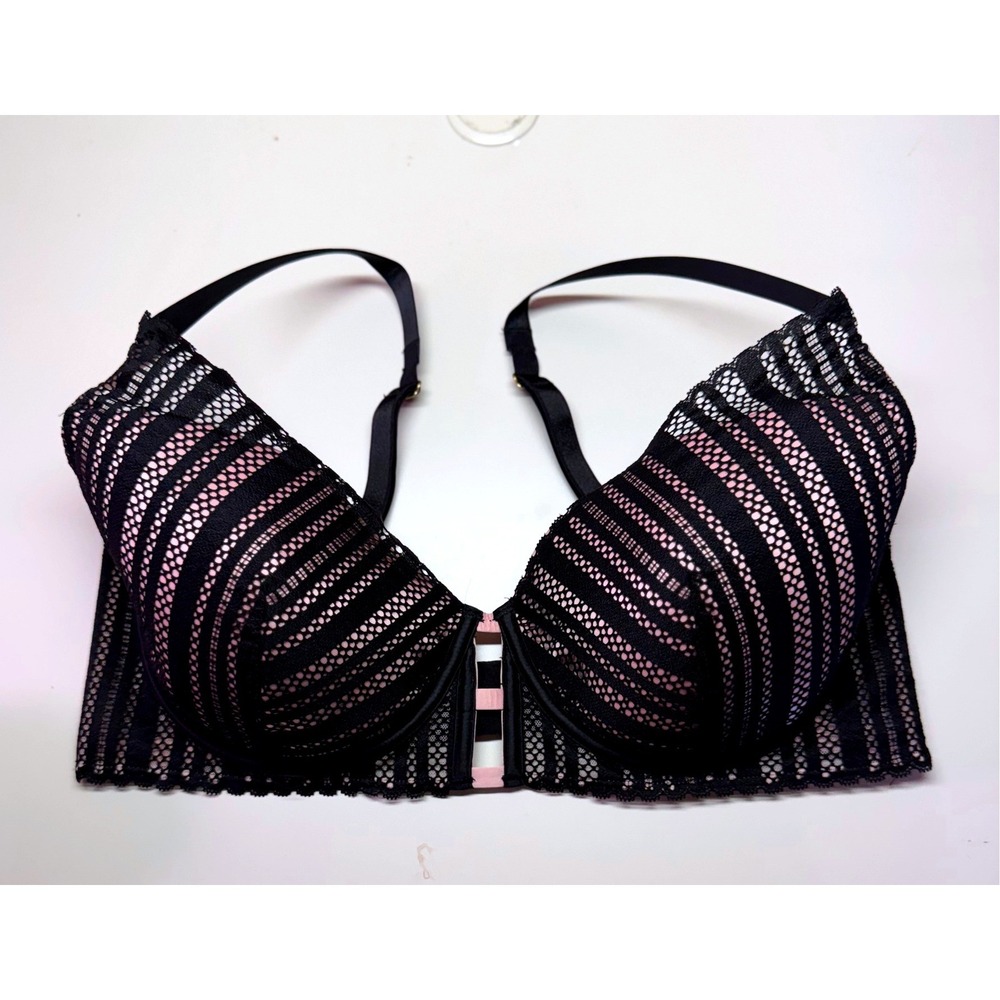 NWOT Victoria's Secret Lined Plunge Bra 38DD Black Pink Mesh‎ Striped Underwire